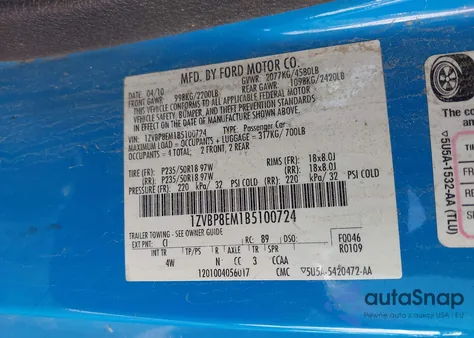 2011 Ford Mustang V6 Premium из США, поврежденный, VIN 1ZVBP8EM1B5100724